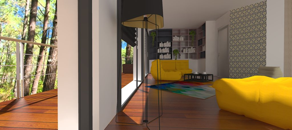 Bibliothèque design et canapé jaune contemporain