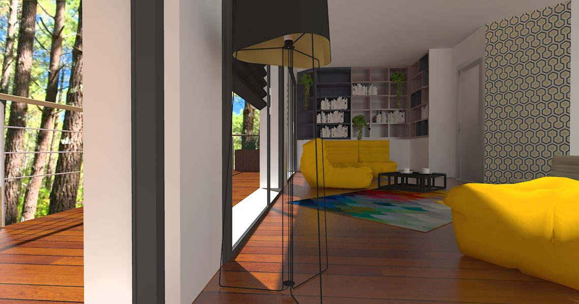 Bibliothèque design et canapé jaune contemporain