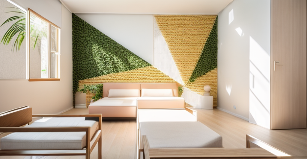 Chambre minimaliste avec insertion de végétalisation en tête de lit