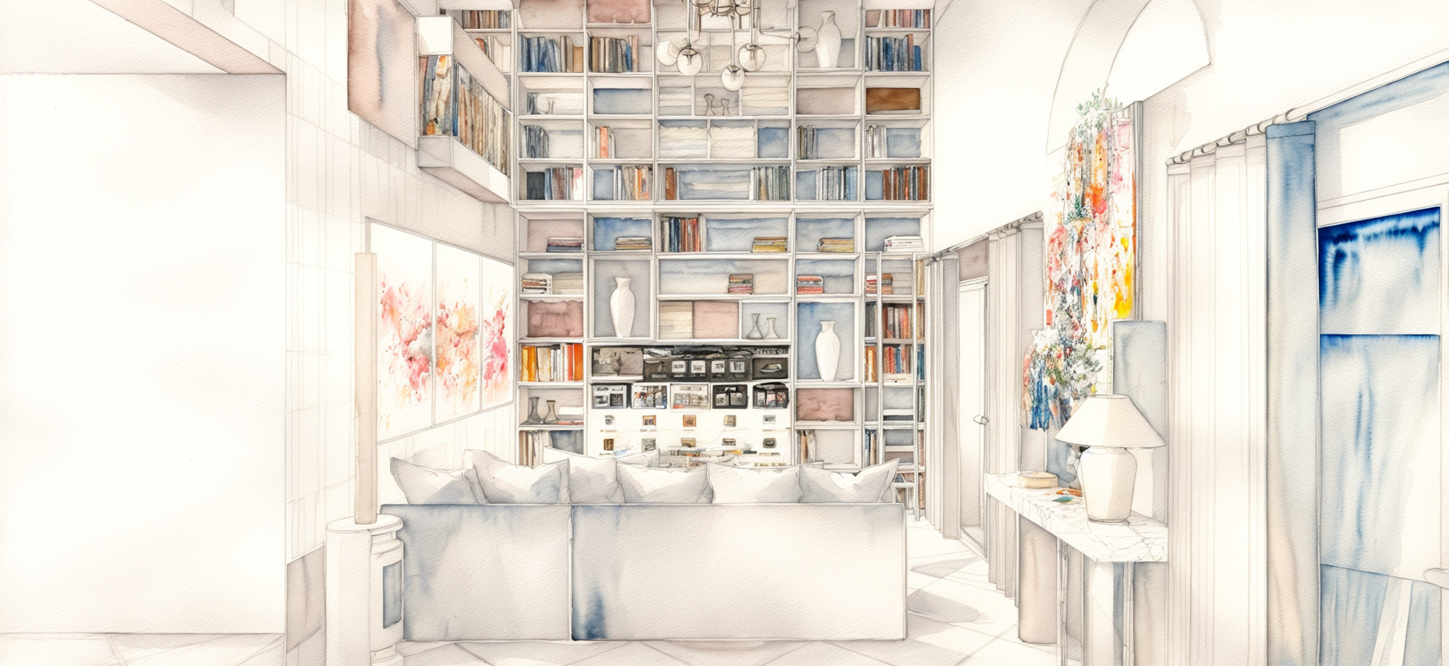 esquisses salon cathédrale avec meuble bibliothèque